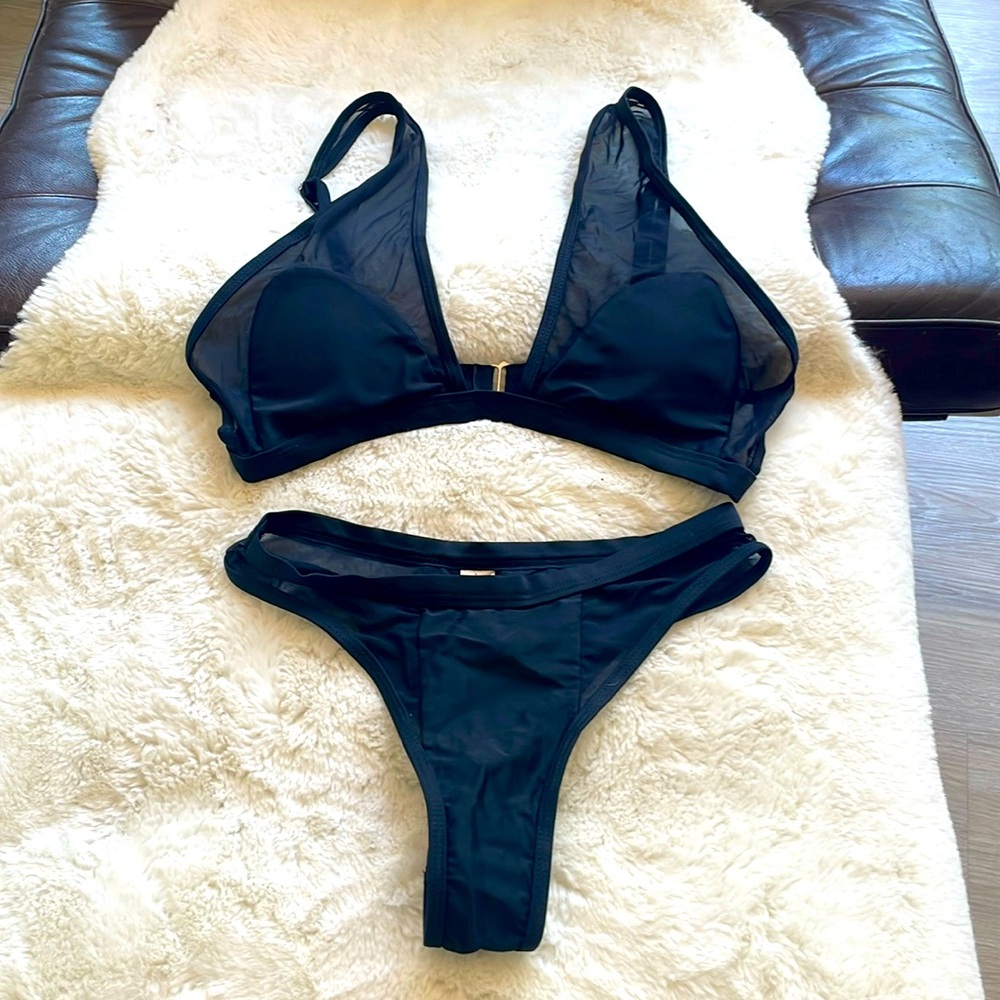 Black and mesh high cut cheeky bikini, bathing suit size large